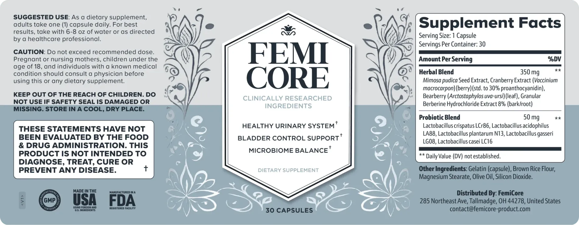 FemiCore Supplement Facts label